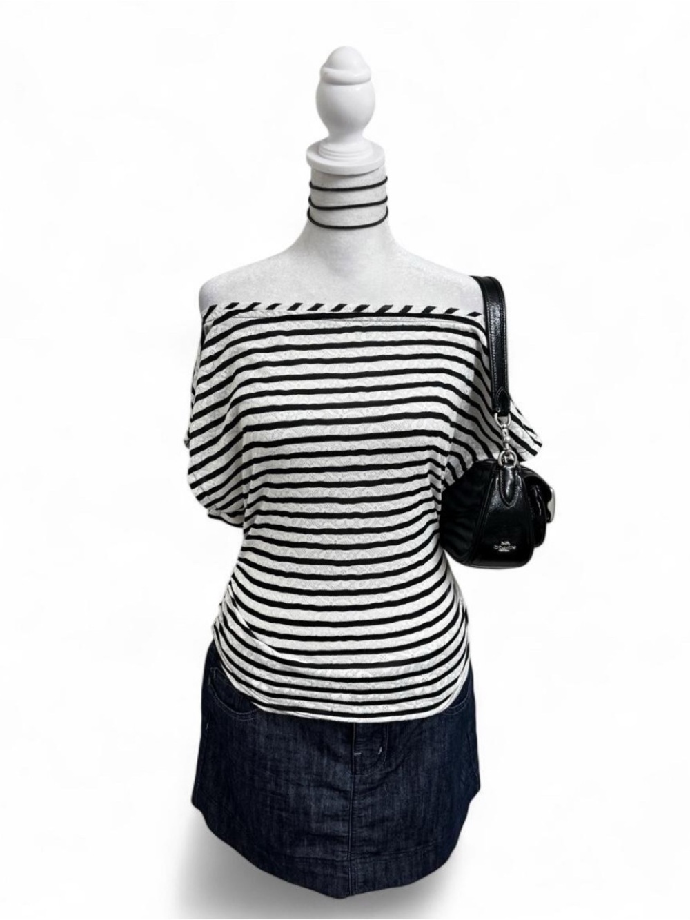 Free People Black & White Striped Off-Shoulder Sweater